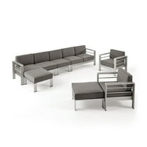 Noble House Cape Coral 7 Seater Aluminum Chat Set with Ottomans Silver and Khaki