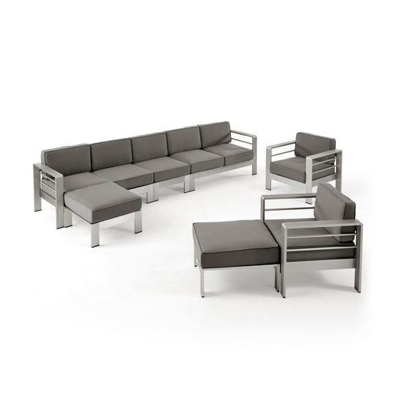 Noble House Cape Coral 7 Seater Aluminum Chat Set with Ottomans Silver and Khaki