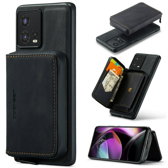 SaniMore Case for Motorola Moto S30 Pro 6.55" 2022, PU Leather Case Detachable Magnetic Zipper Wallet Card Slots Kickstand Wireless Charging Anti-drop Shockproof 360°Protection Case, Black