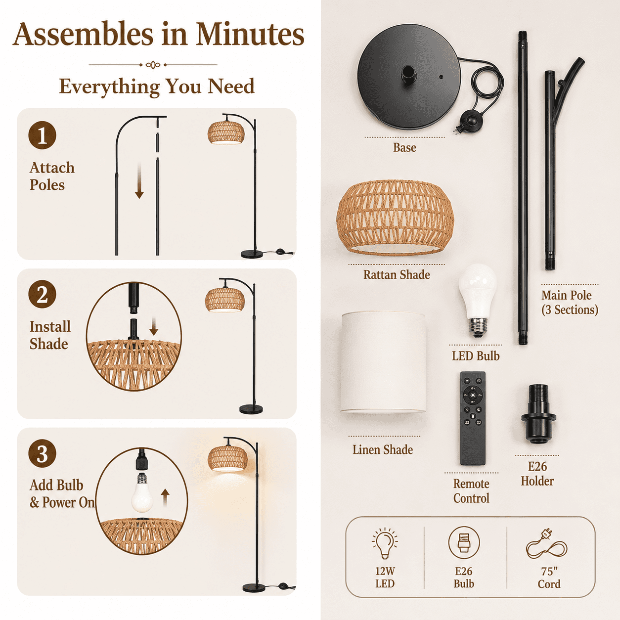 SERBASIC Boho Arc Floor Lamp for Living Room with Remote Control, Stepless Dimmable Rattan floor lamp with Liene Lampshade, Adjustable Standing Tall Lamp for Bedroom