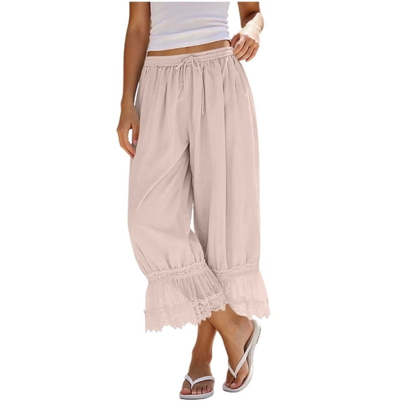 Bloomers Pants for Women Y2K Lace Trim Pants Boho Pantaloons Cute Ruffled Long Pants Capri Pajama Bottoms