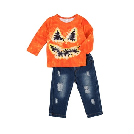 

2 Pcs Kid Boy Halloween Suits Tie-Dye Tops+Ripped Long Jeans Sets