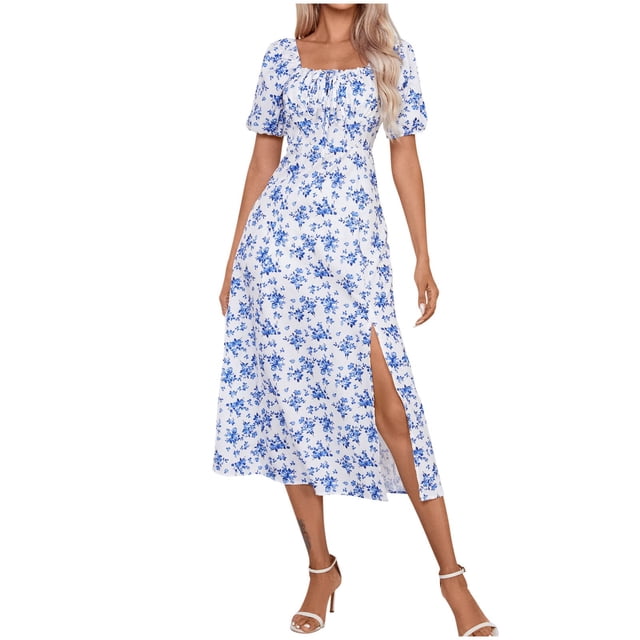 asddcavvf Robes pour Femmes Été Imprimé Floral Ajusté Col Carré Ourlet Fendu Léger