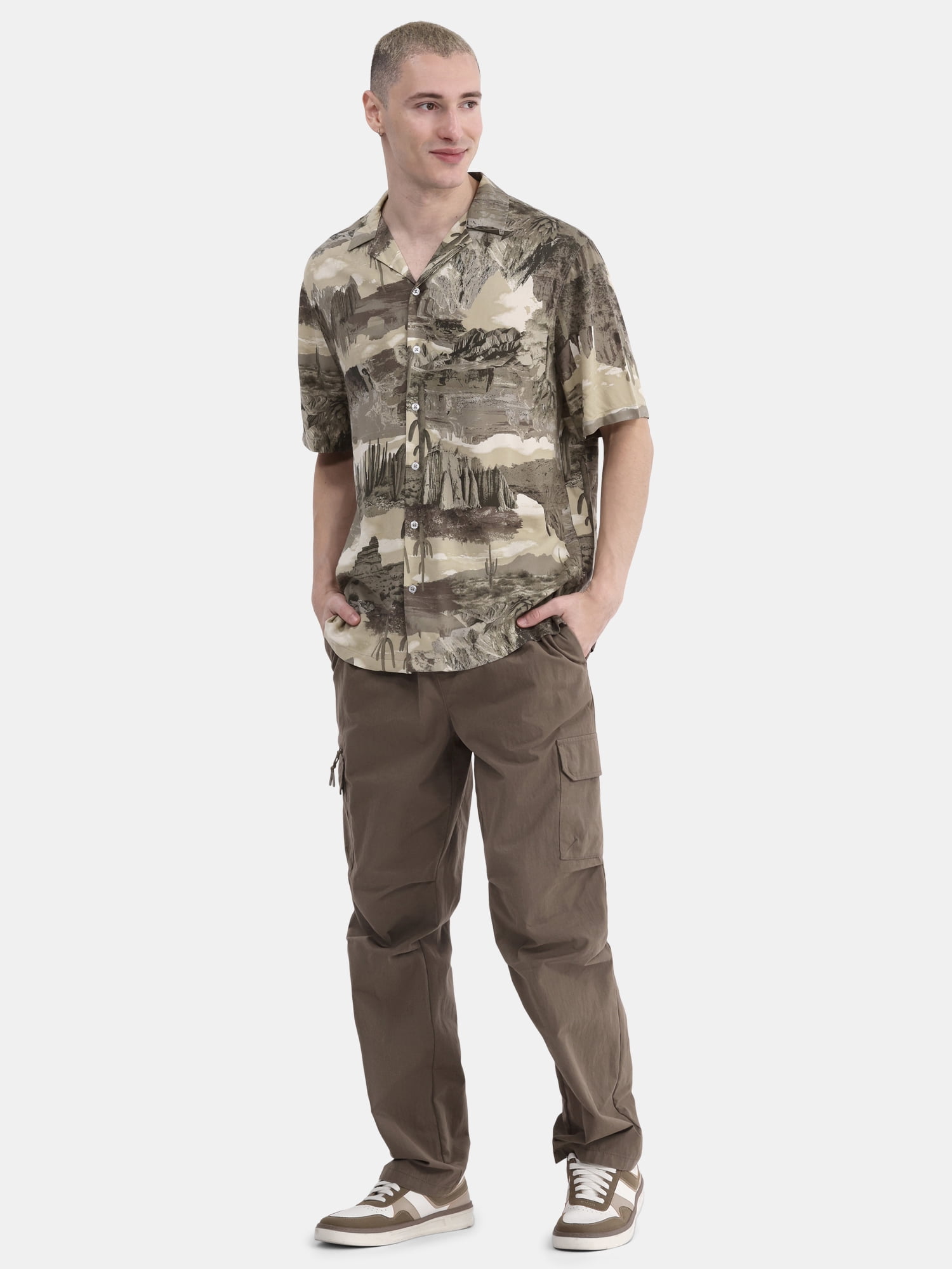 No Boundaries Men's & Big Men's Rayon Print Button Up Shirt with Short Sleeves, Sizes XS-5XL