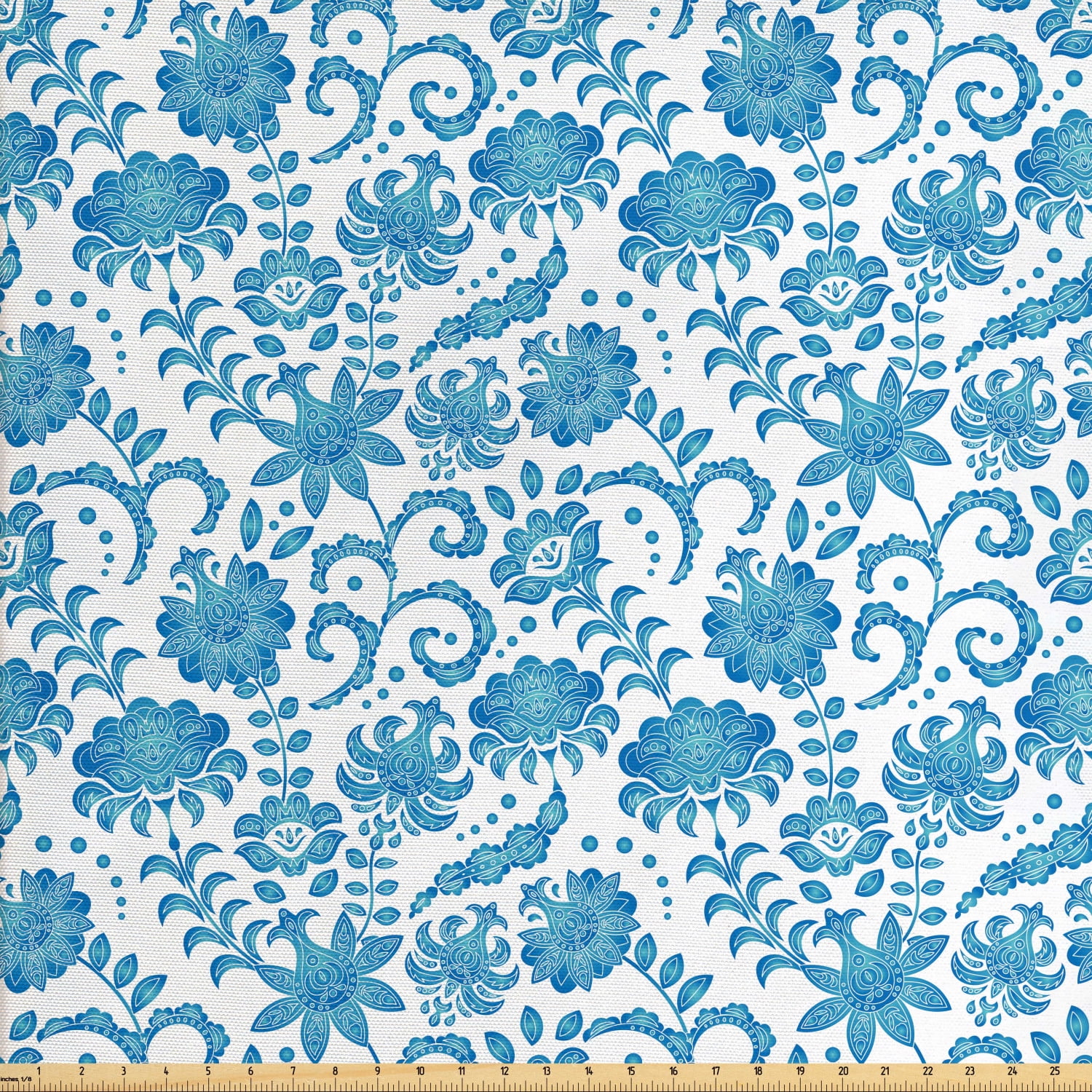 Floral Fabric by The Yard, Pattern of Bluish Flowers and Leaves on ...