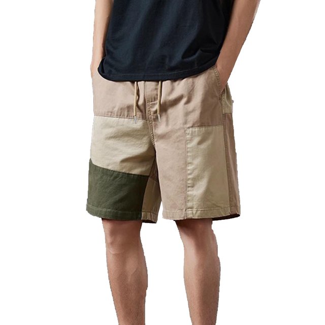 Five Quarter Pants for Men, Loose Fit Patchwork Color Design, Breathable Polyester Swim Trunks with Elastic Waistband and Drawstring, Summer Casual Shorts