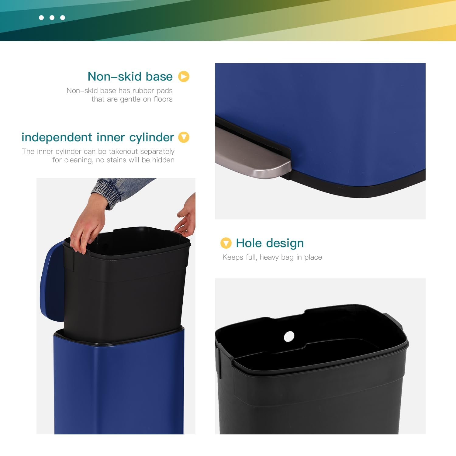 CL.HPAHKL 50 Liter / 13 Gallon Trash Can, Stainless Steel Kitchen Trash Can with Removable Inner Bucket Garbage Can with Lid Step Trash Can for Home Office, Brushed Stainless Steel Finish, Deep Blue