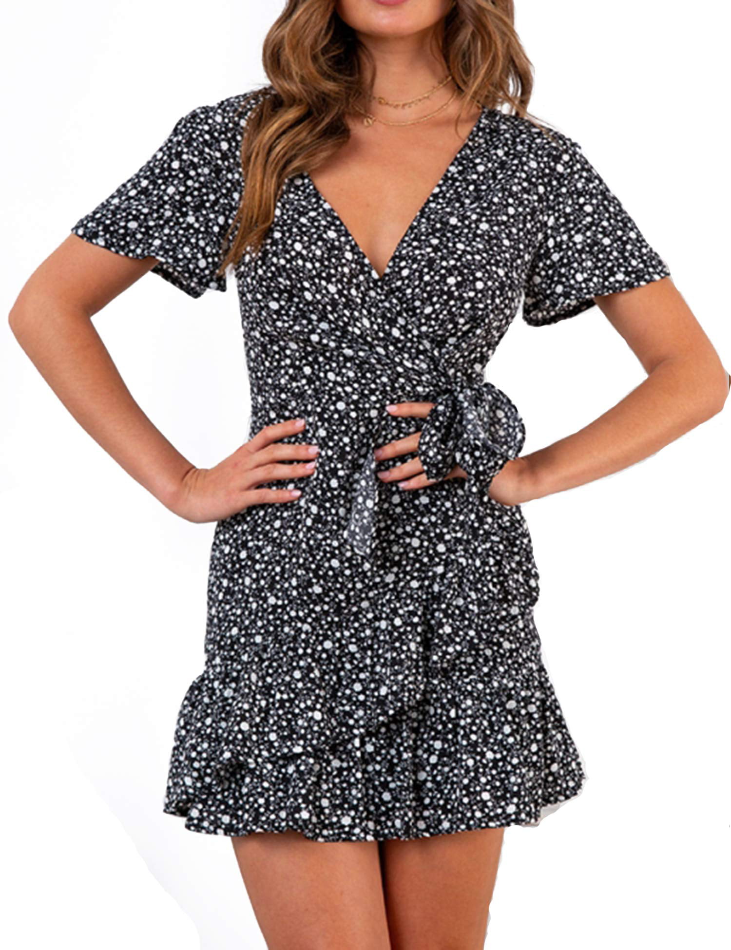 Summer Women Short Sleeve Print Dress V Neck Casual Short Dresses,Polka  Dots,S - Walmart.com