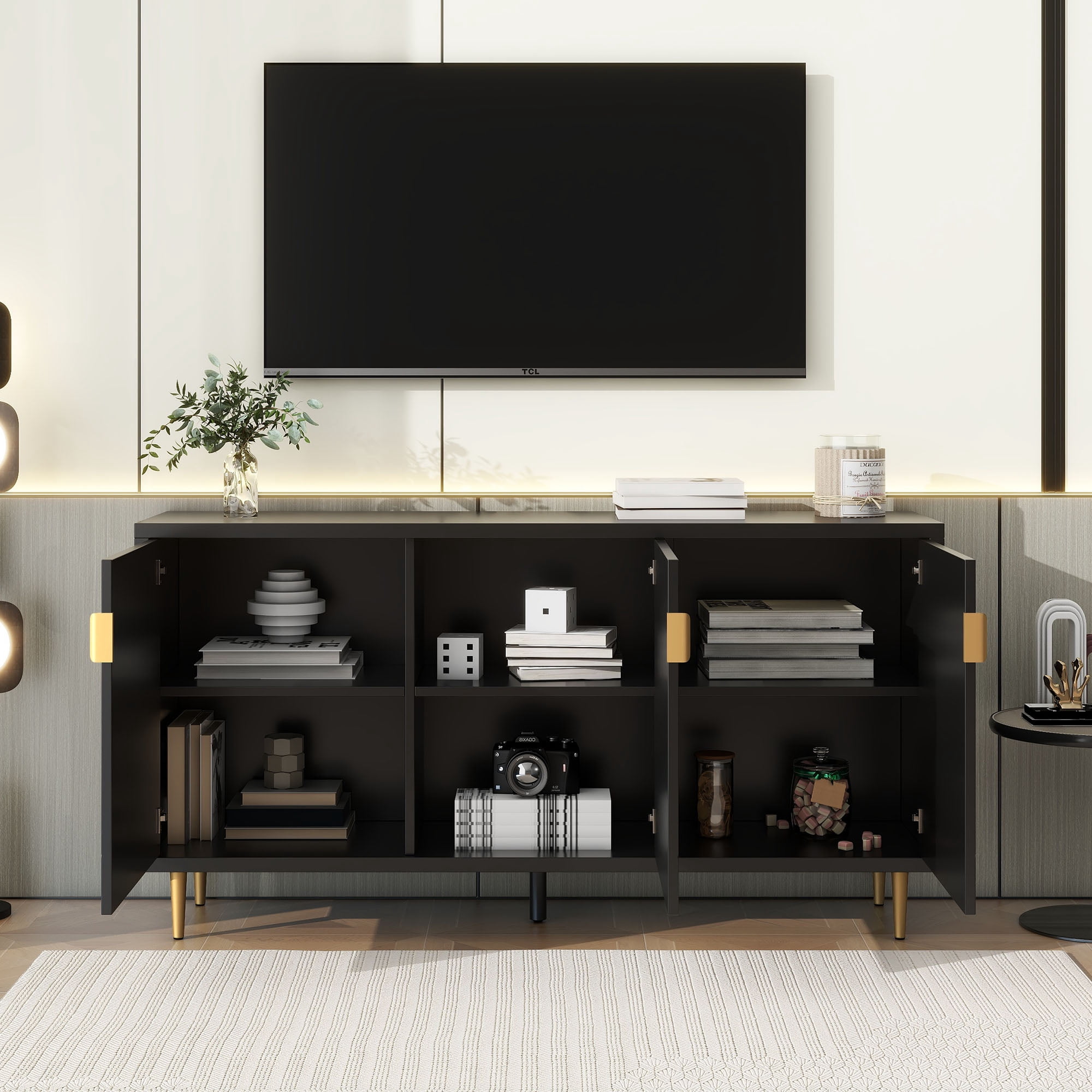 Euroco Modern TV Stand with 3 Doors and Adjustable Shelves, Fits TVs Up to 70 Inches