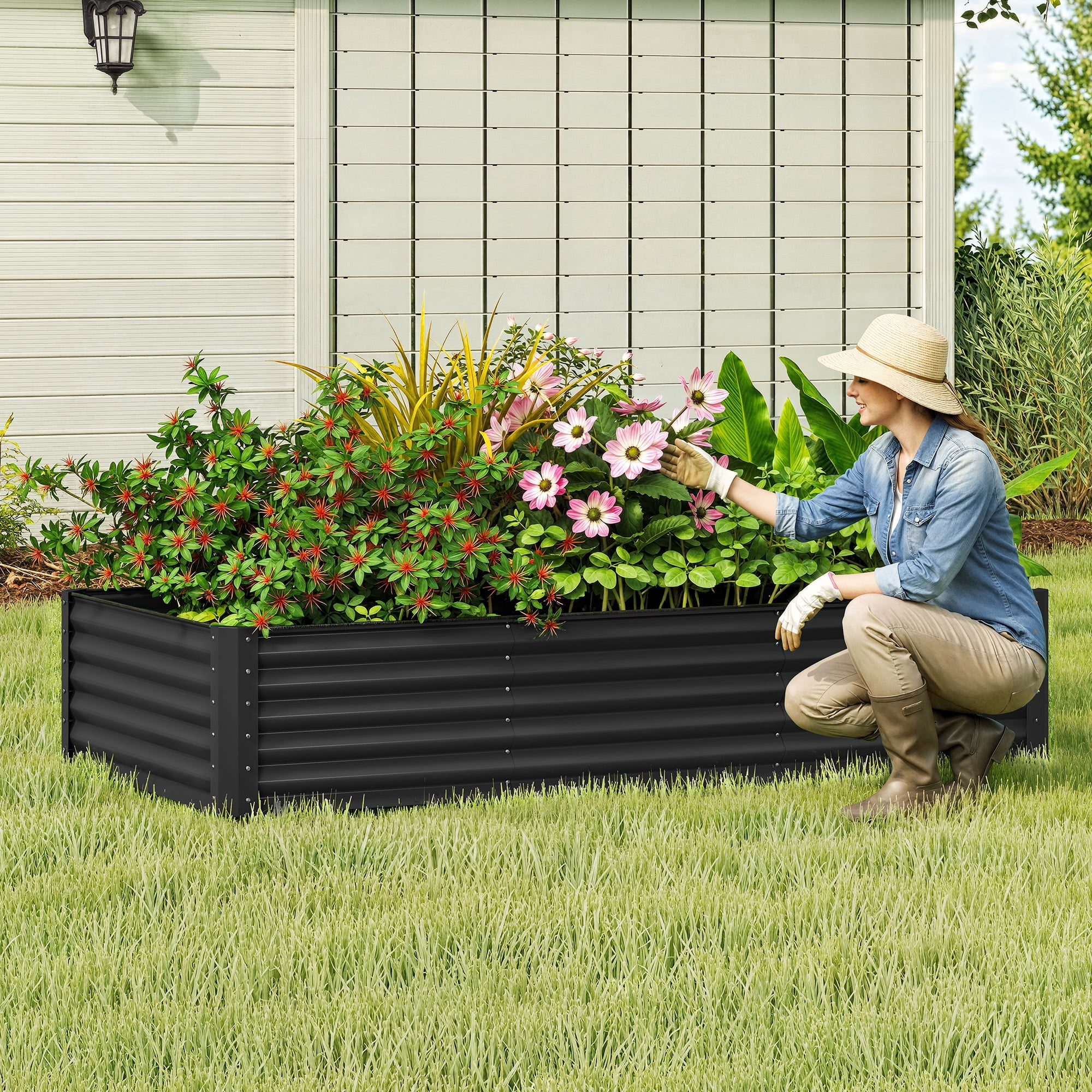 Uforic 8x4x1.5ft Galvanized Metal Raised Garden Bed, Outdoor Planter Box with Safety Rubber & Gloves for Vegetables Flowers, Black