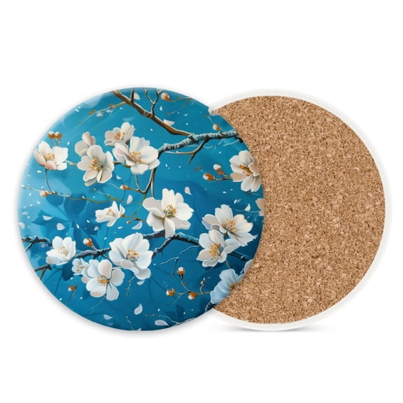 Ceramic Stone Coasters for Drinks Set of 1, White Magnolia Blossoms Round Absorbent Cup Coasters Protection for Coffee Table Kitchen Counter Decor (4*4 Inch)