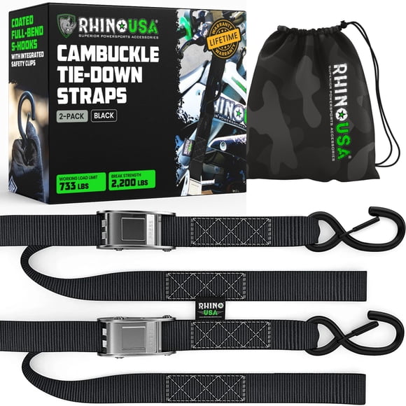 Rhino USA Motorcycle Tie Down Straps (2 Pack) Lab Tested 2,200lb Break Strength, Steel Cambuckle Tiedown Set with Integrated Soft Loops - B