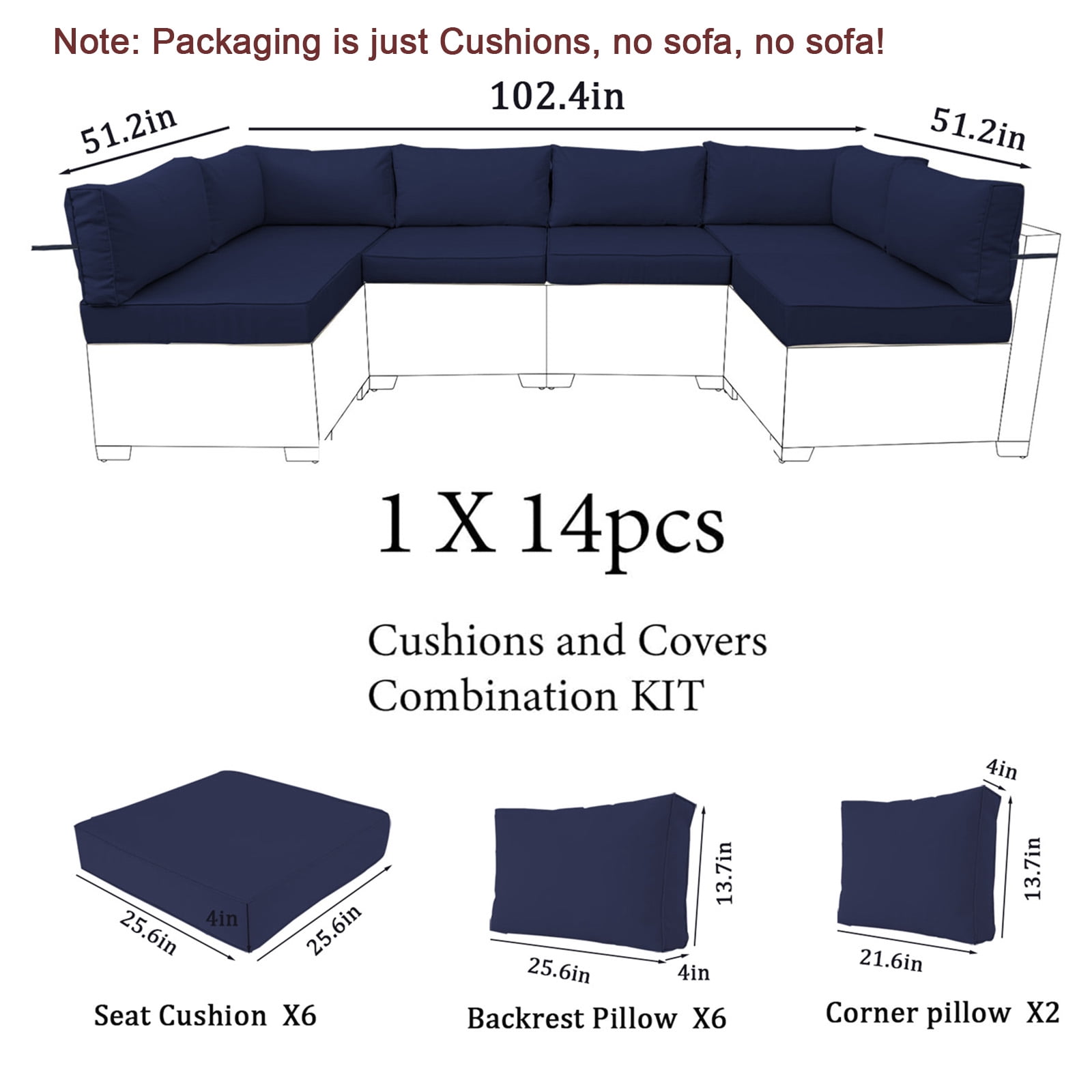 14 Pieces Outdoor sectional cushions replacement set, 4in thick patio furniture cushions, Waterproof Outdoor Couch Cushion,deep seat patio cushions For 6 Seat（Navy blue）