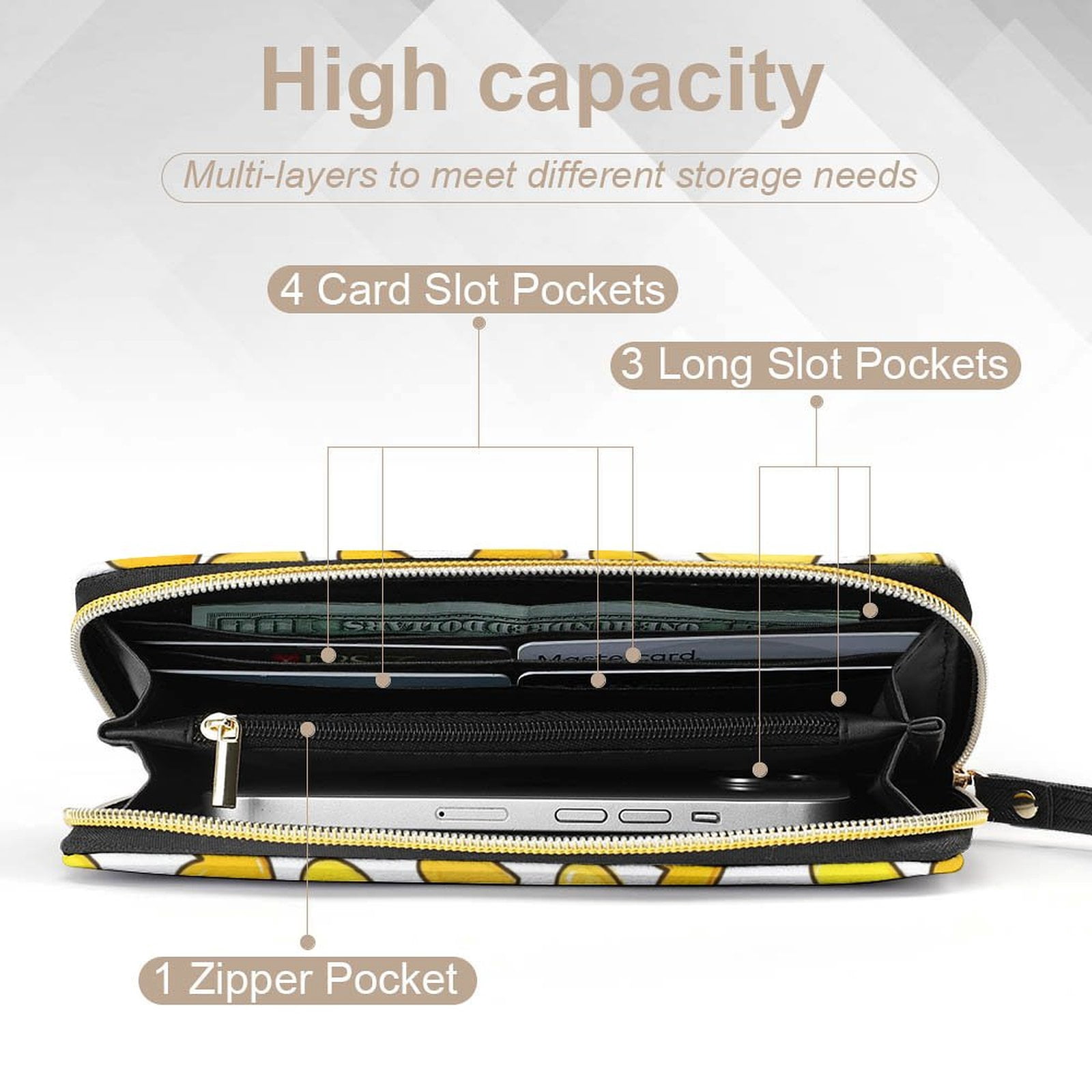 Womens Wallet Bifold Ladies Cluth Bag Wristlet Wrist Strap Long Purse Yellow Hearts Design