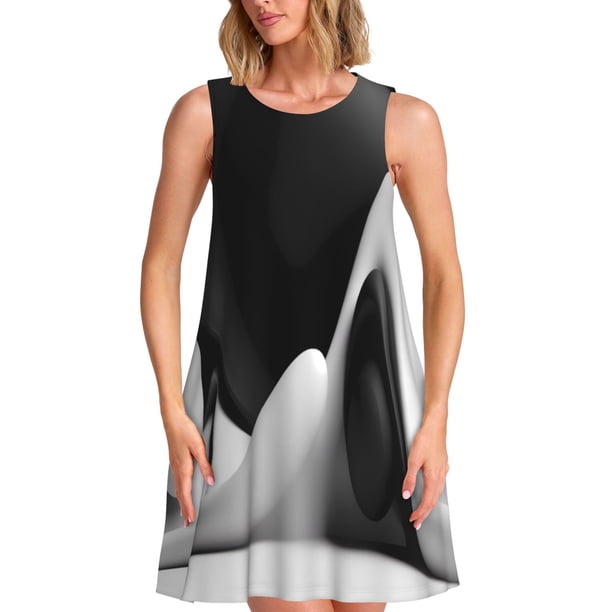 Fotbe Black White Fluid Sculpture Vestido de Verano sin Mangas para Mujer – Vestido Midi Línea A, Estilo Camiseta Floral, Vestido Playero Casual y Fluido
