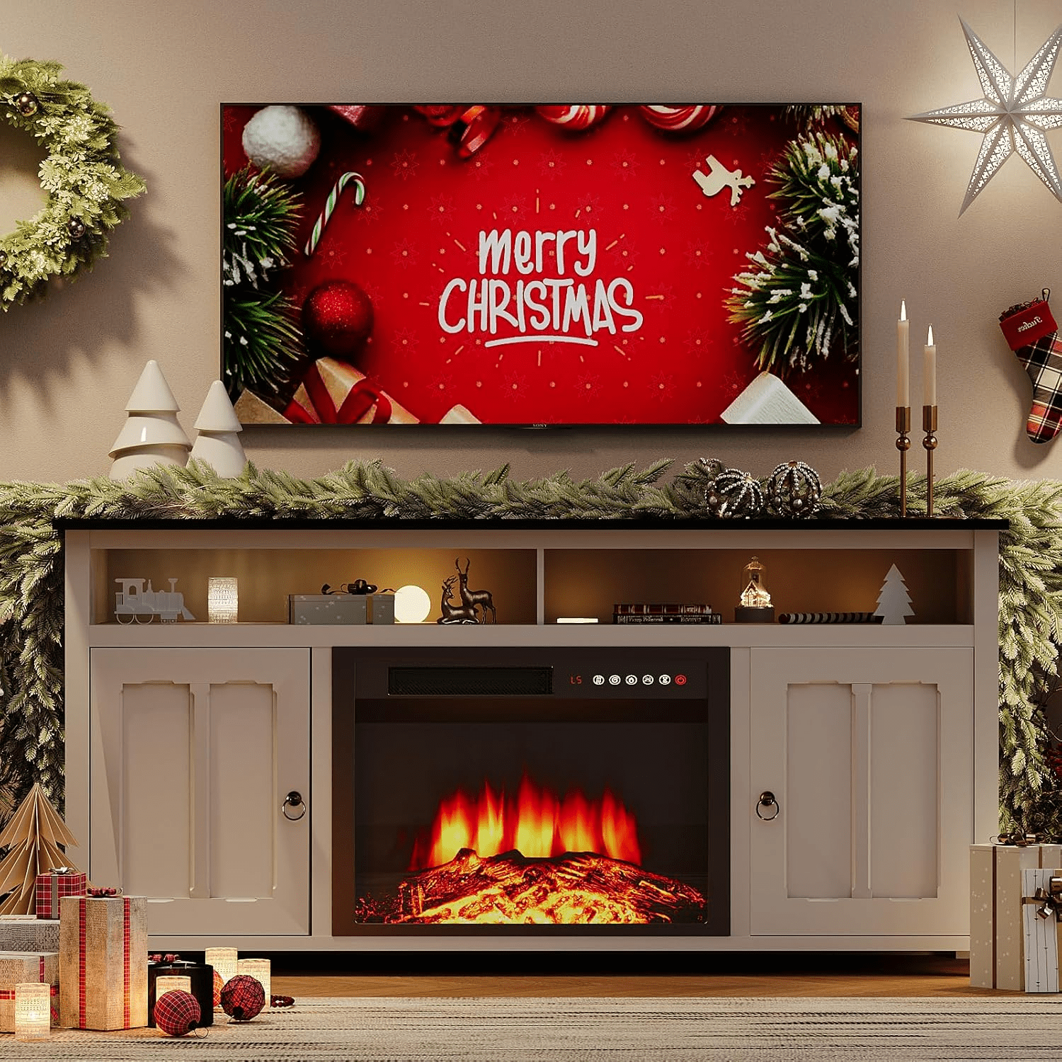 BOSSIN 58 Inch Farmhouse Fireplace TV Stand for 65 inch TVs with 23'' Electric Fireplace & Remote, Entertainment Center for Living Room