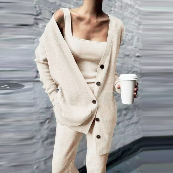 Homenesgenics Womens Pajama Sets Casual Fashion Flannel Solid Color Buttons V-Neck Long Sleeve Coat Vest Pants Three Piece Set