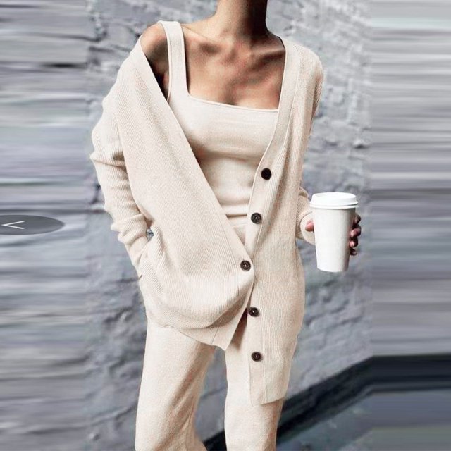 Babysbule Lounge Sets for Women Clearance Women's Casual Stylish Flannel Solid Color Buttons V-Neck Long Sleeve Coat Vest Pants Three Piece Set Tracksuit Homewear