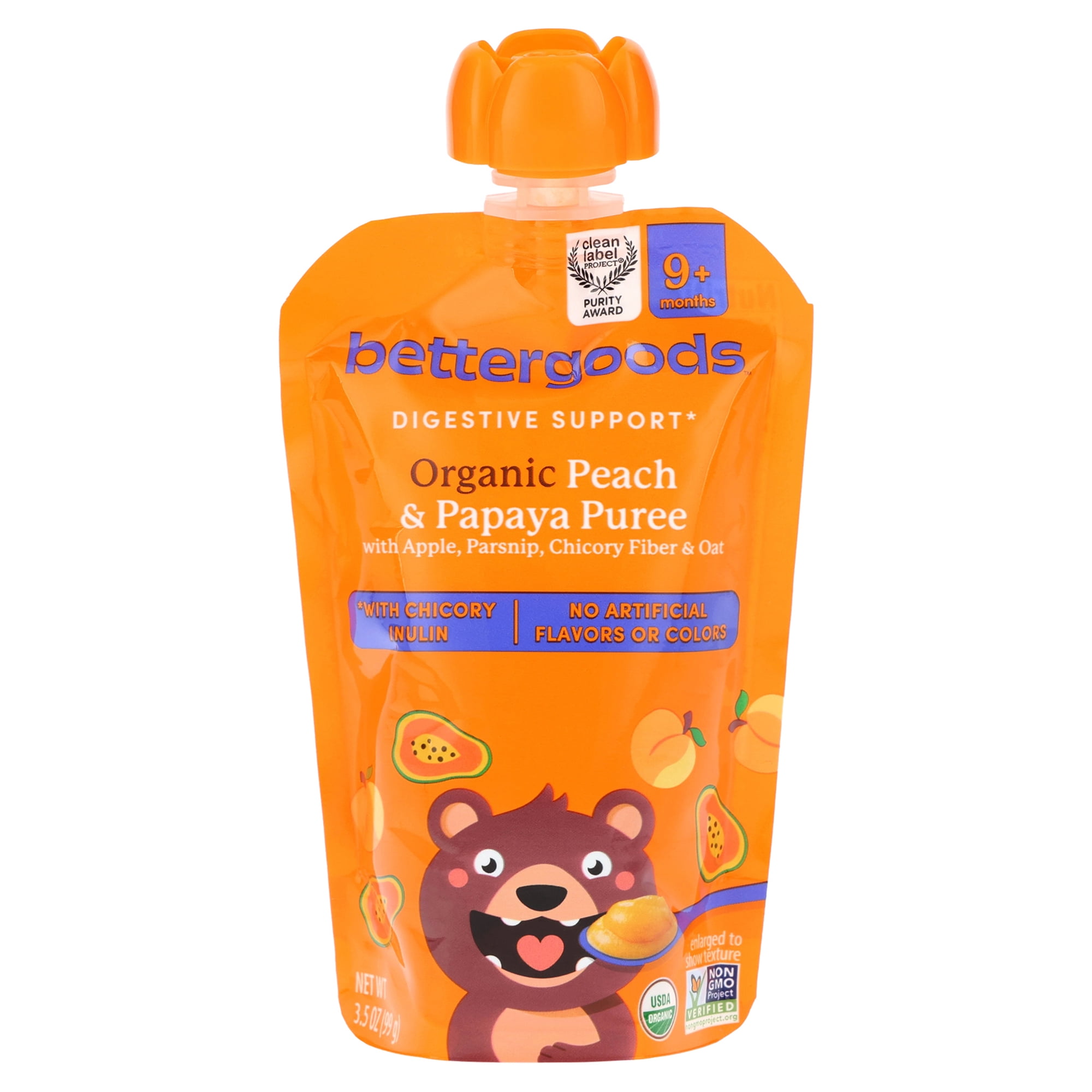bettergoods Organic Stage 3 Baby Food Digestive Support Blend, Peach and Papaya Puree, 3.5 oz Pouch