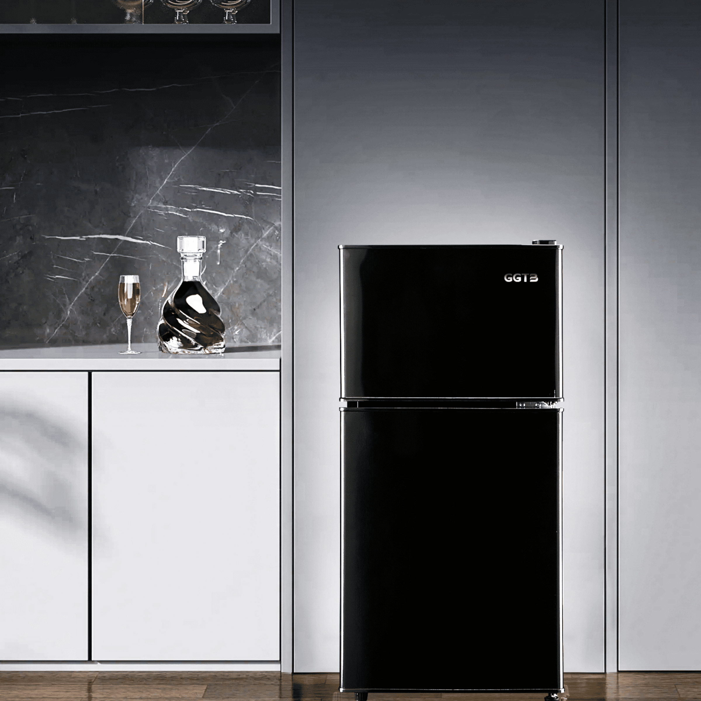 GGTB 3.0 Cu.ft Retro Compact Two Door Refrigerator, Mini Fridge with Freezer Compartment, Reversible Doors, Removable Shelves, Black