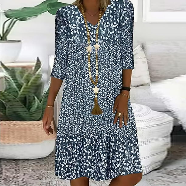 ICHUANYI Clearance Fashion Women Summer Casual V-Neck Print 3/4 Sleeve Fold Mini Dress(Blue, L) ICHUANYI WER2023080701934