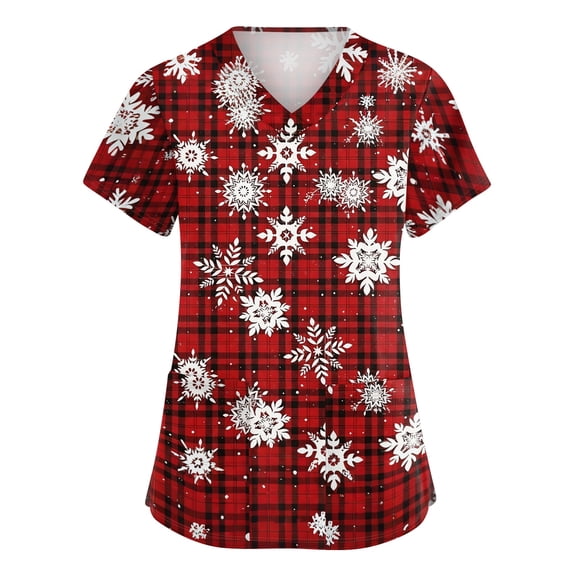Womens Christmas V-Neck Scrub Shirts, Four-Way Stretch Short Sleeve Workwear Graphic Print Pocket Side Slit Uniform Tee, Red, 4XL