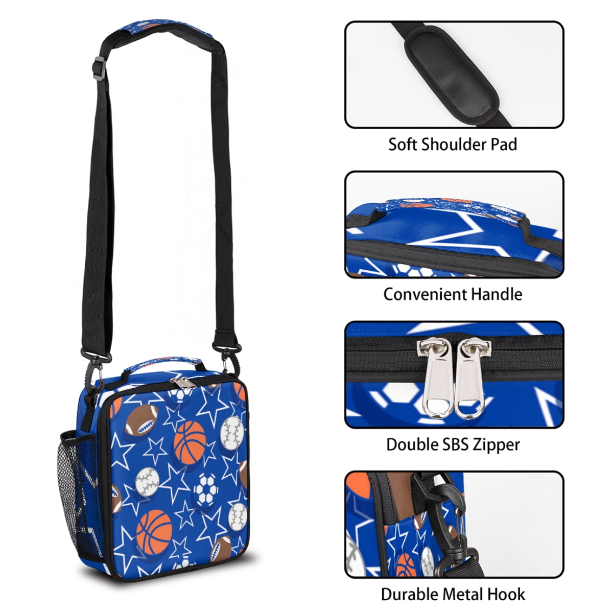 All - Star Multi - Sport Insulated Lunch Bag – Basketball, Football, Soccer & Baseball Prints, Adjustable Shoulder Strap with Soft Pad, Double Zippers, Side Mesh Pocket – Ideal for School Lunches