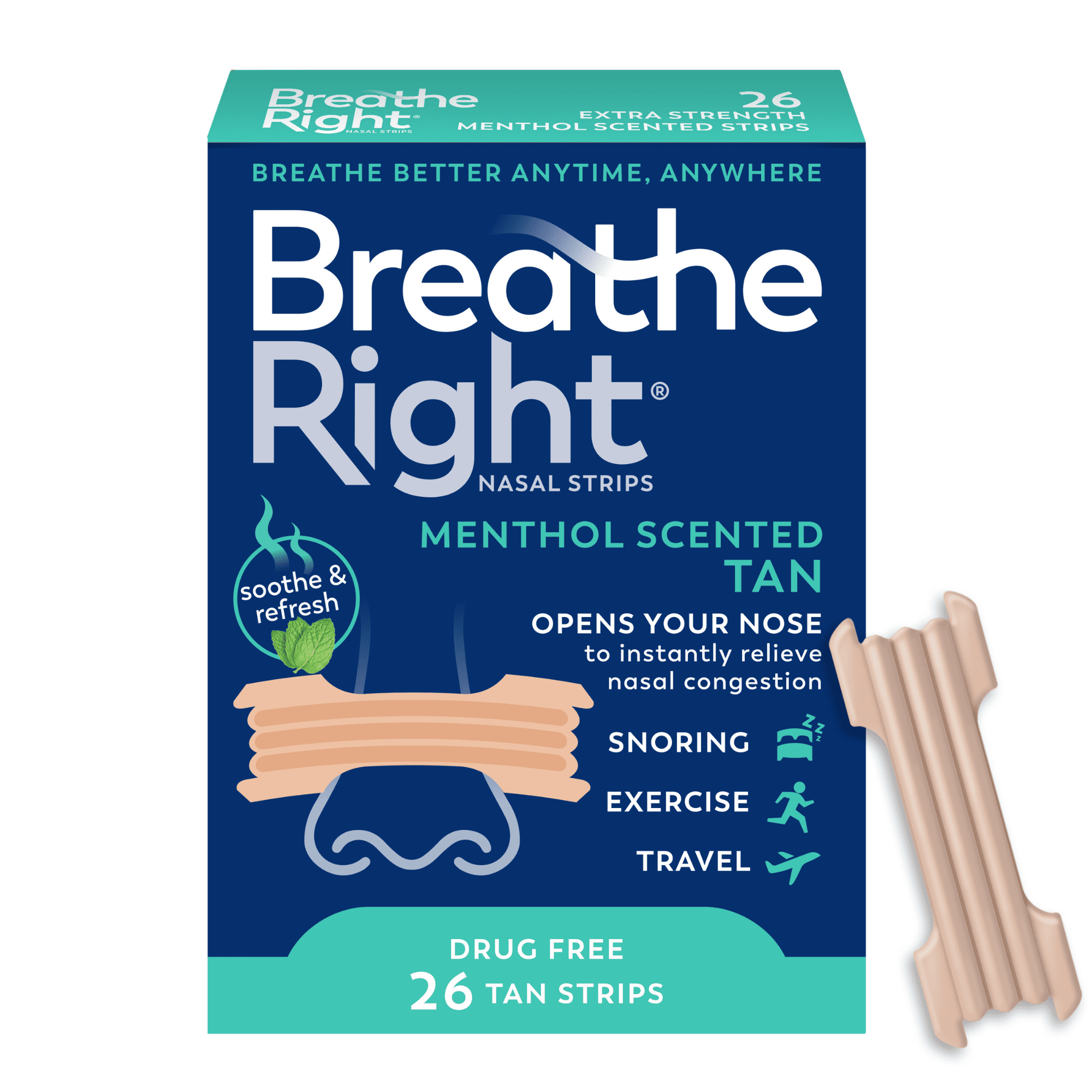 (4 pack) Breathe Right Extra Strength Nasal Strips, Menthol Scented, Drug-Free, 26 Count