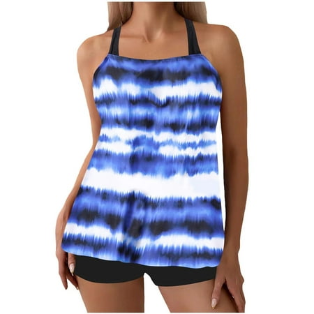 Wyobmus Tankini Swimsuit for Women Vintage Printed Bathing Suit Crossback Strap Adjustable Summer Tank Top Two Piece Swimwear With Boyshorts Dark Blue