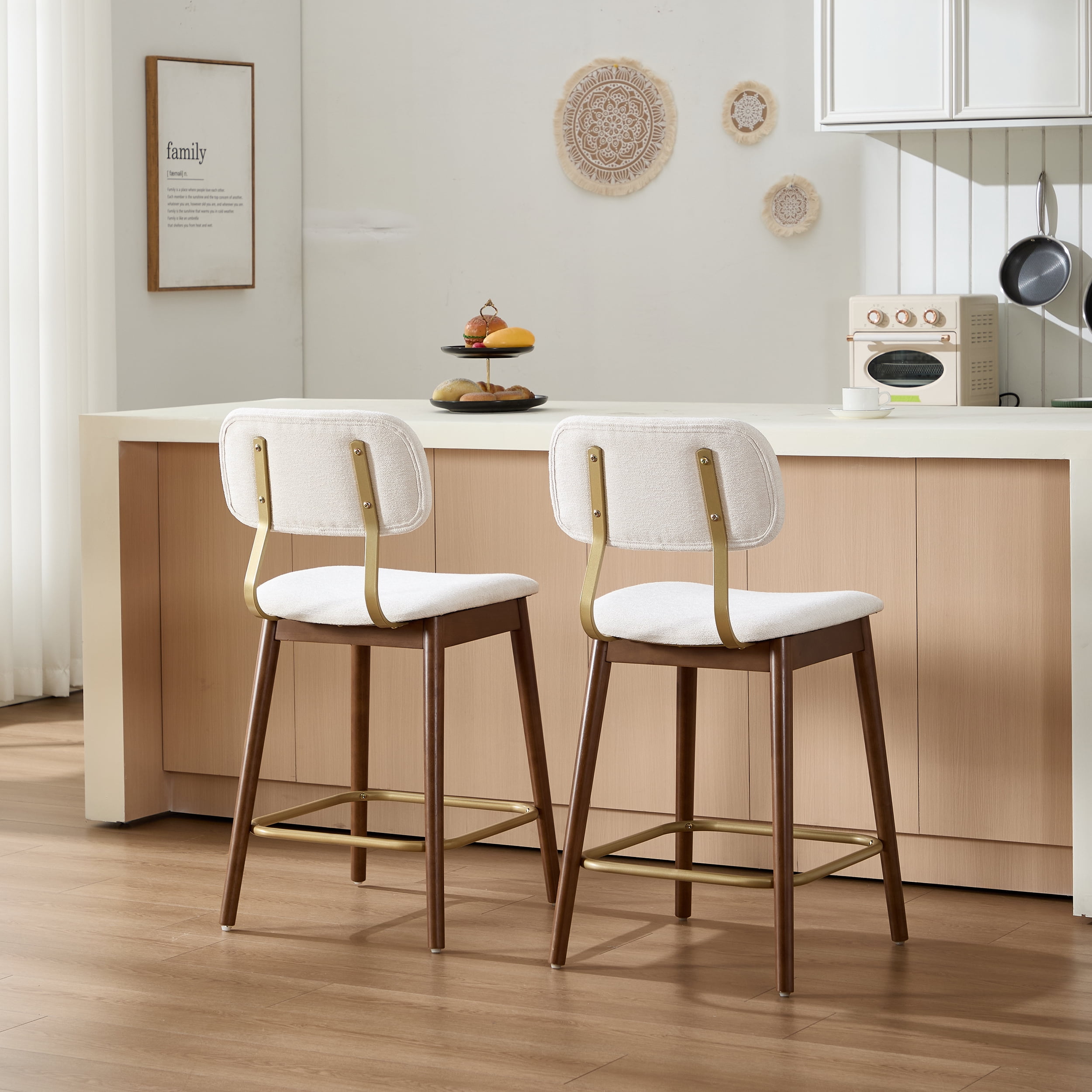 Garitin Bar Stool Set of 2 and Counter Height Chairs, Wooden Fabric Upholstered Seating with Curved Backrest for Kitchen Bar, Beige