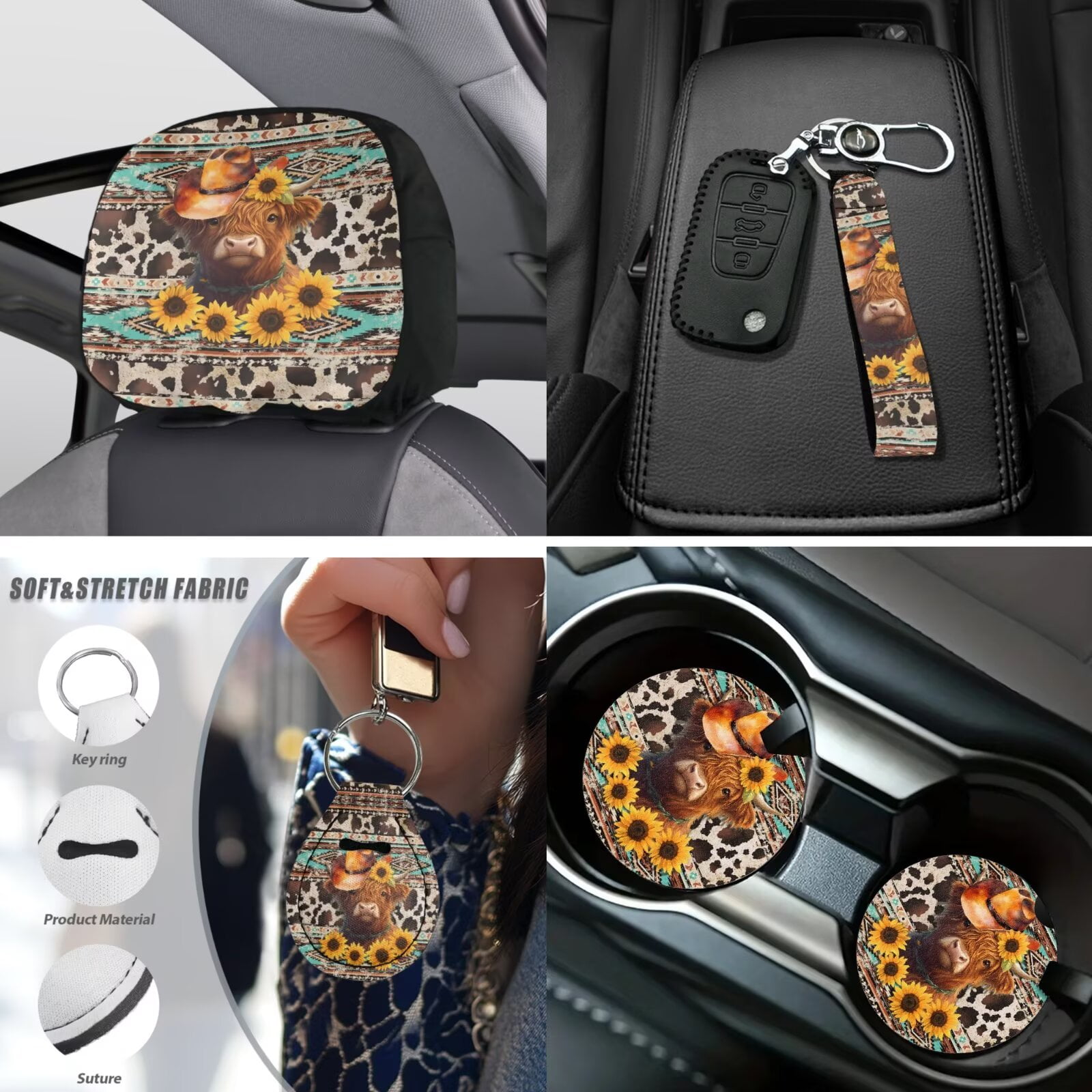 Uorisanigo Aztec Highland Cow Car Seat Covers Full Set Steering Wheel Cover Pack of 18 Universal Center Console Pad,Seat Belt Strap Pads,Hand Brake Headrest Gear Shift Cover,Coasters,Keychain