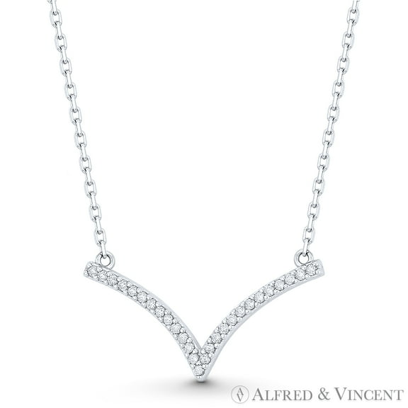 V-Bar Chevron Cubic Zirconia CZ Crystal Pendant & Chain Necklace in .925 Sterling Silver w/ Rhodium