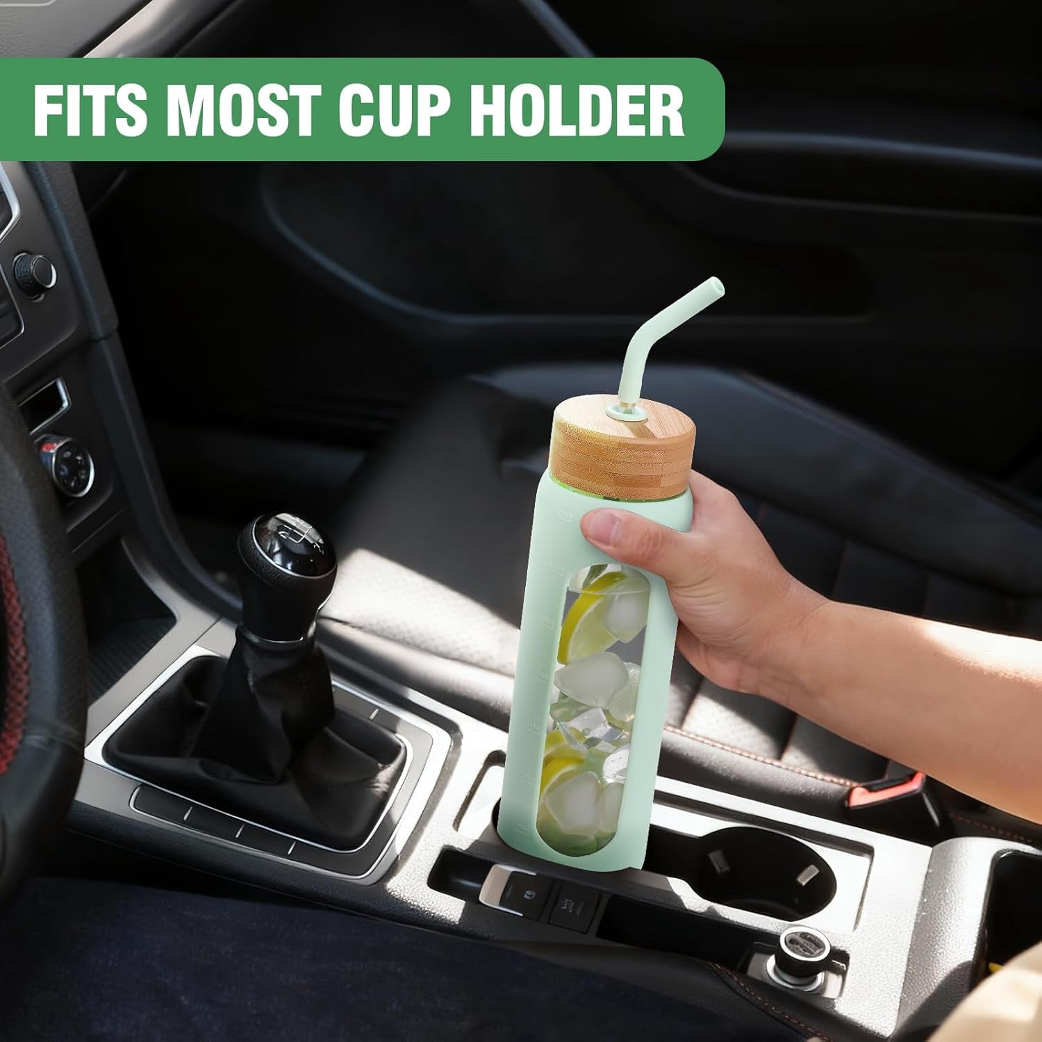 MUKOKO Glass Water Bottle, 24oz Sports Drinking Tumbler with Silicone Sleeve and Straw, 1 Cup 2 Lids, Green