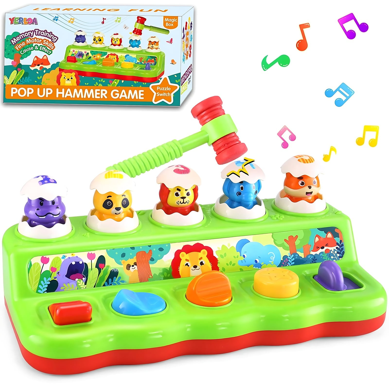Yerloa Interactive Pop up Animal Toys with Music & Light, Montessori Cause and Effect Toys for 1 Year Old Boy Girl Early Learning Musical Baby Toy 9-12-18 Months STEM Toddler Toy Age 1-2 Gift