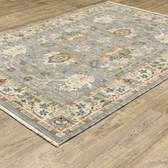 HomeRoots 509289 2 x 3 ft. Gray Ivory Orange Teal Green Charcoal Blue & Red Oriental Power Loom Stain Resistant Rectangle Area Rug with Fringe