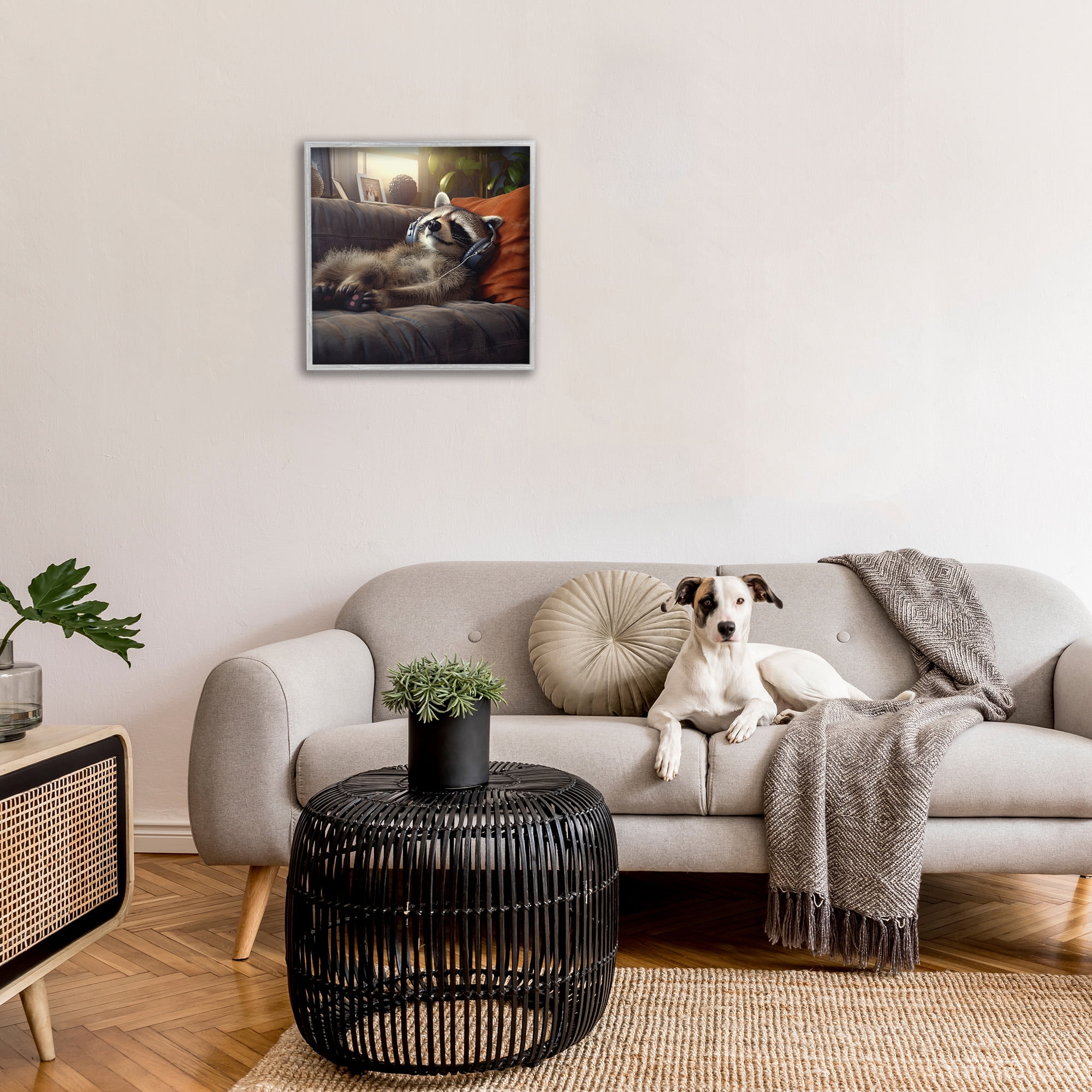 Stupell Industries Raccoon Relaxing Headphones Animals & Insects Painting Gray Framed Art Print Wall Art, 24 x 24