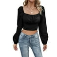 thumbnail image 2 of Women'S Ruched Wrap Square Neck Flounce Long Sleeve Crop Top Blouse Black M, 2 of 9