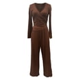 thumbnail image 5 of Women's 2 Piece Matching Leisure Set pant suits for women Long Sleeve Side Ruching Top Wide Leg Drawstring Pants Set with Pockets (Coffee,L), 5 of 5