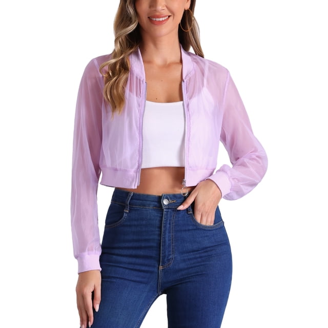 Chaqueta Bomber Crop INSPIRE CHIC para mujer, ligera, de malla transparente, de manga larga, talla XS, color púrpura claro