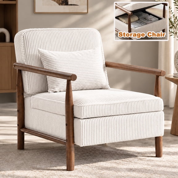 Modern Accent Chair with Storage, LEGAHOME Antique White Arm Chair in Living Room, Comfy Reading Armchair with Lumbar Support, Solid Wood Leg for 250lbs Weight Capacity