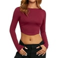 thumbnail image 1 of xiaxaixu Hauts Courts à Manches Longues pour Femmes, T-shirt Dos Nu Col Rond Couleur Unie pour Printemps Été, 1 of 10