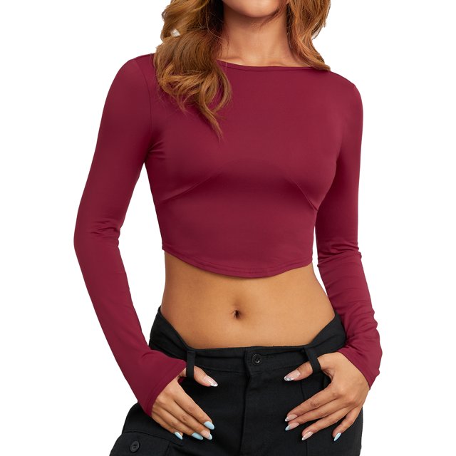 xiaxaixu Hauts Courts à Manches Longues pour Femmes, T-shirt Dos Nu Col Rond Couleur Unie pour Printemps Été