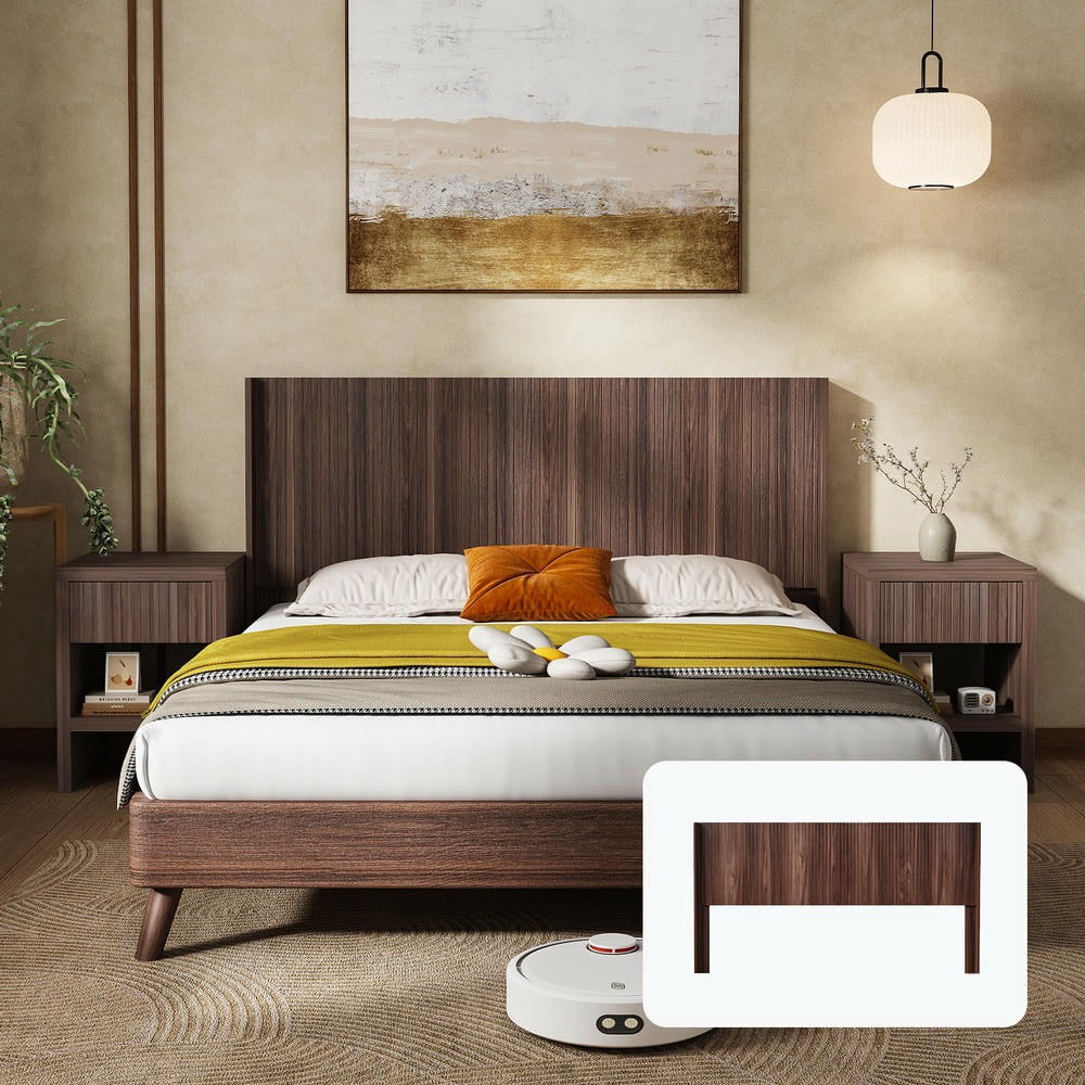 Kadyn Wingback Queen Headboard 64.4 Inch Wide Fluted Wood Panel Modern Farmhouse Boho Style, Wall Mounted Headboard Only, Walnut