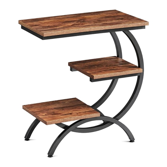 TopComfy C Shape End Table with 3 Tier Storage Shelves Compact Design Accent Stand Organizer Industrial Style Space Saving Furniture for Living Room Bedroom, Brown