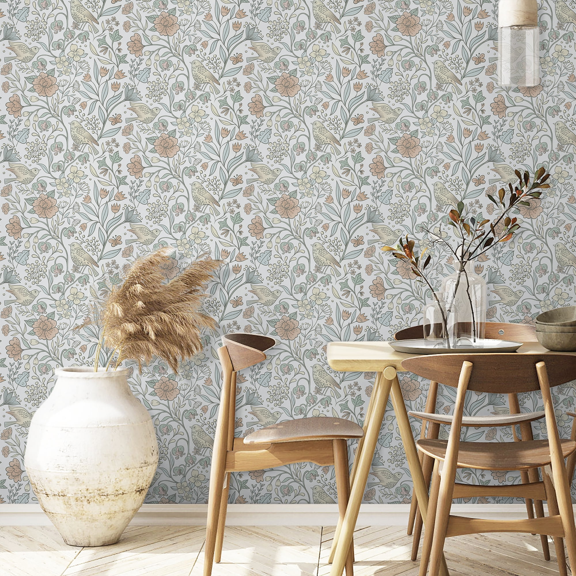 Abyssaly Floral Peel and Stick Wallpaper 17.7 "x 393"White Bird and Flower Wallpaper Vintage Vinyl Contact Paper Suitable for Home Walls Cabinet Bedroom