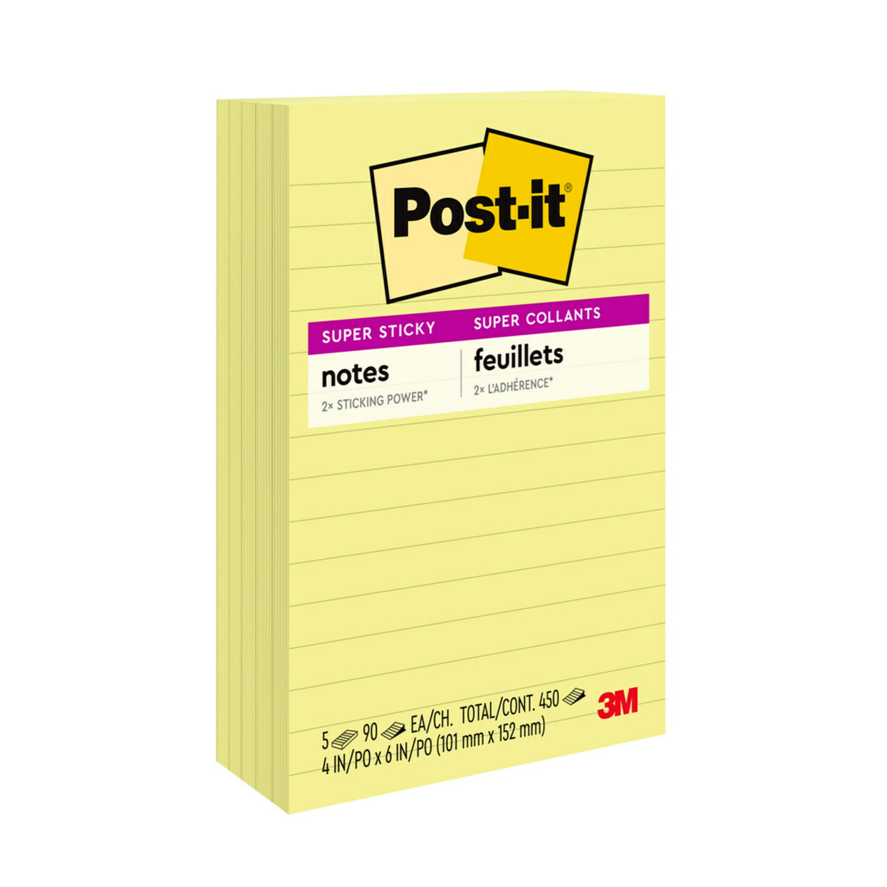 Postit Super Sticky Lined Notes, 4" x 6", Canary Yellow, 5 Pads