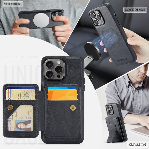 ELEHOLD Case for iPhone 16 Pro, Shockproof Magnetic Leather Wallet Case with Hand Grip & Kickstand & RFID Blocking,Black