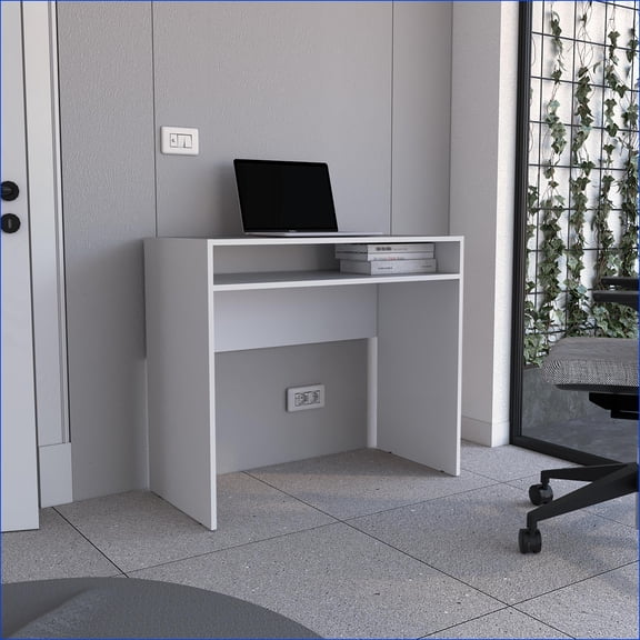 Desks, 35” Wide Minimalist Writing Desk with Shelf | White | Particle Board