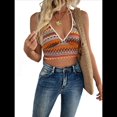 thumbnail image 2 of Camisolas de Punto para Mujer, de Verano, con Cuello Halter en V, A Rayas, Informales, Sin Mangas, para Playa, Vacaciones, Top Corto. Color Naranja L, 2 of 7