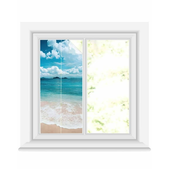 Window Privacy Film Coastal Beach Stained Glass Window Film Decorative Sun Block Window Cover Blue Ocean Summer Sand Mountain Shore Window Clings Static Adhesive Sticker for Bathroom 19.6"x39.3"